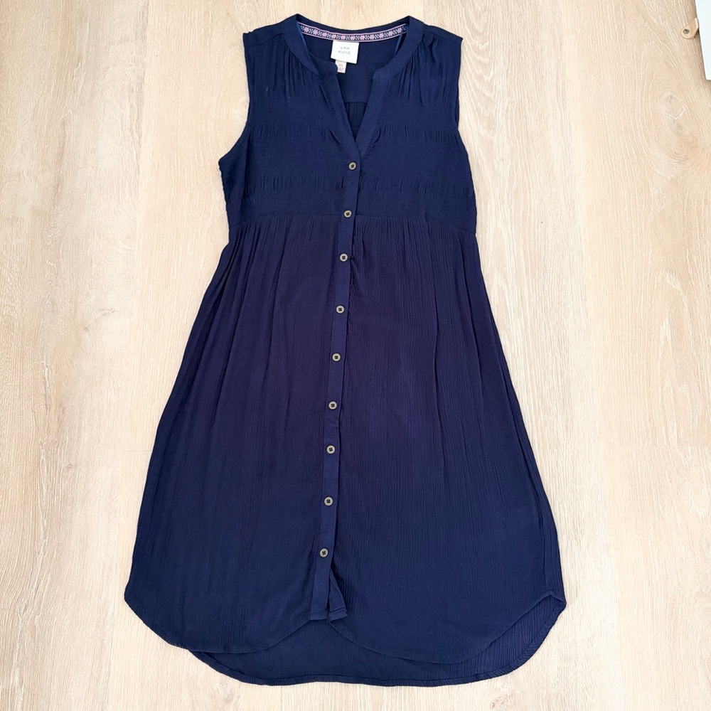 Knox Rose Navy Sleeveless Smocked Button Shirt Dress Size XS